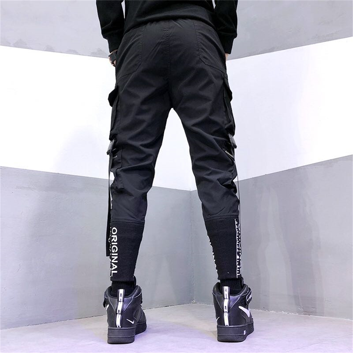 Pantalon Cargo pour hommes, décontracté, Hip Hop, couleur frappée, poches multiples, Streetwear, rubans, Techwear, survêtement pour garçons