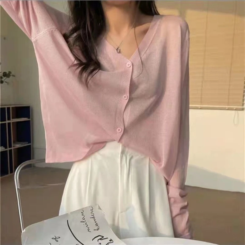 Ice InjThin-Cardigan boutonné à col en V monochrome pour femmes, manches longues, coupe couvertes, style coréen simple, tricot confortable, vêtements d'été