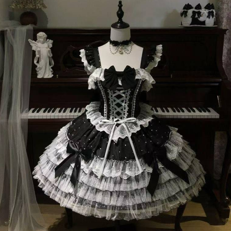 Robe Lolita à volants en dentelle 2026, tenue de cosplay japonaise, vêtement Y2K, robe de fête imprimée nœud, style mode Kawaii