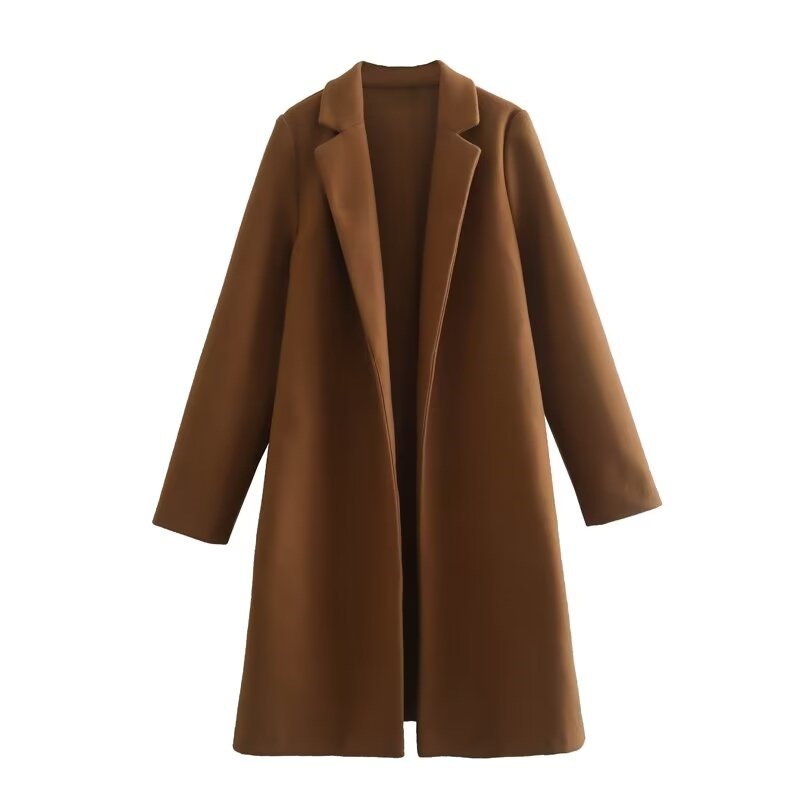 Manteau mi-long à col rabattu et manches longues, style automne, ouvert sur le devant, vêtement d'extérieur PB&ZA2025, manteau en polyester tendance pour femmes