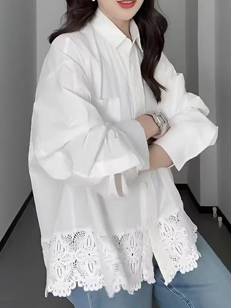 Chemisier blanc à manches longues pour femme, nouvelle collection été 2026, coupe oversize avec ourlet en dentelle, style coréen, décontracté, pour le bureau ou le travail
