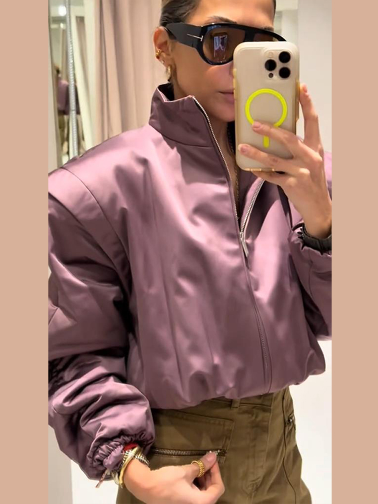 Nouvelle Veste Chic Oversize pour Femme avec Fermeture Éclair, Col Montant Uni, Ourlet Élastique – Idéale pour le Printemps et le Style Urbain