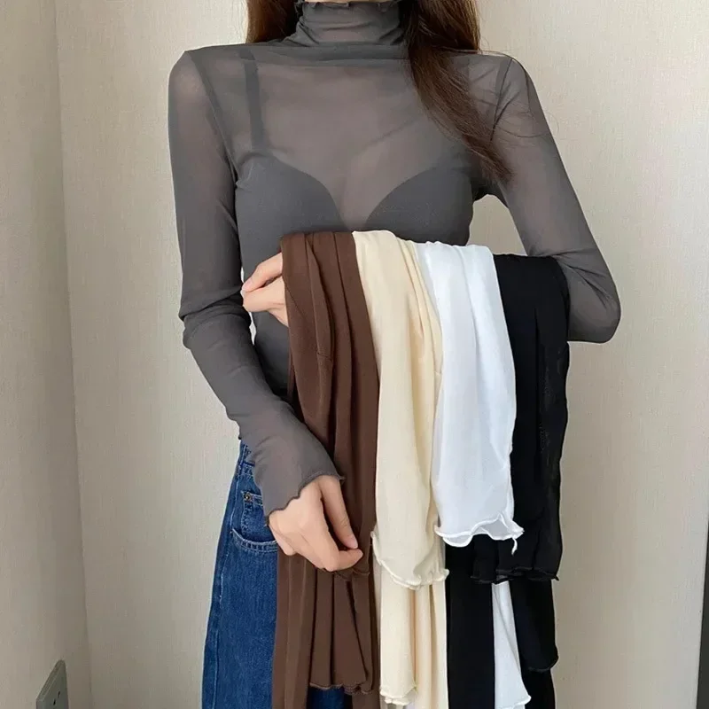 Femmes Sexy T-Shirt voir à travers des hauts en maille transparente à manches longues pure mince dames solide col roulé en soie T-Shirt dentelle haut court