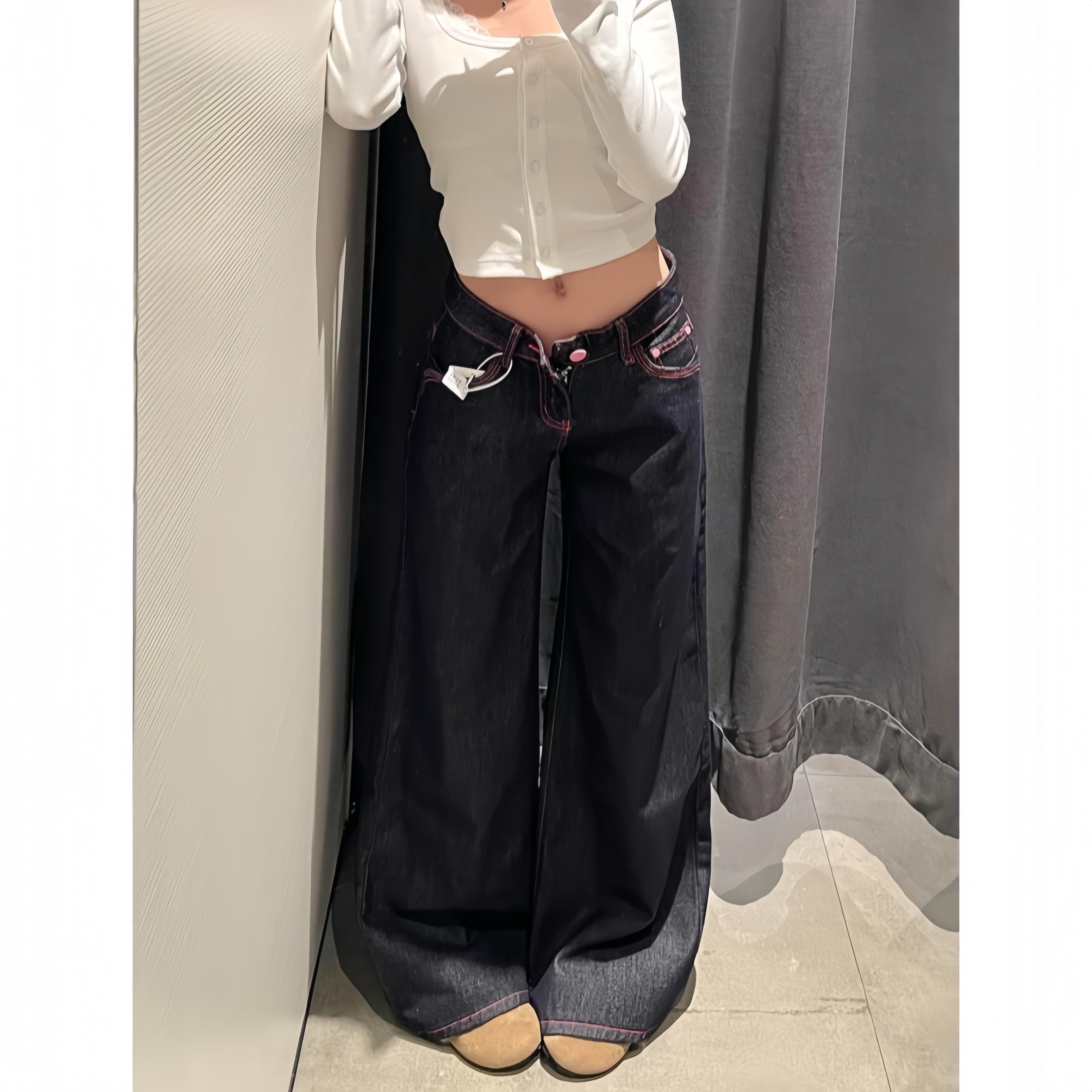 Jeans et pantalons pour femmes, taille basse, coupe évasée, en denim délavé, style décontracté d'été, effet ventre plat, jambe longue, coupe droite, jambe large