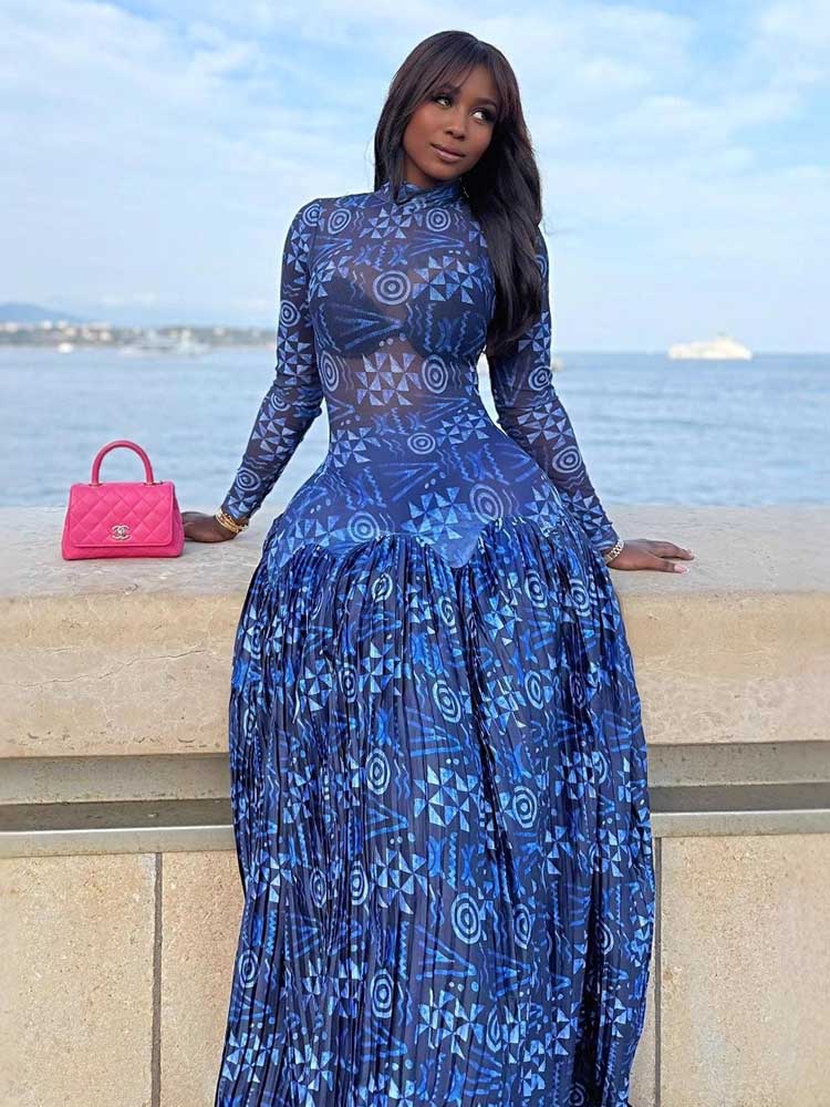 Robe bleu Royal pour femmes, col roulé, taille haute, transparente, légère, longue, avec manches, Streetwear, robe Maxi plissée