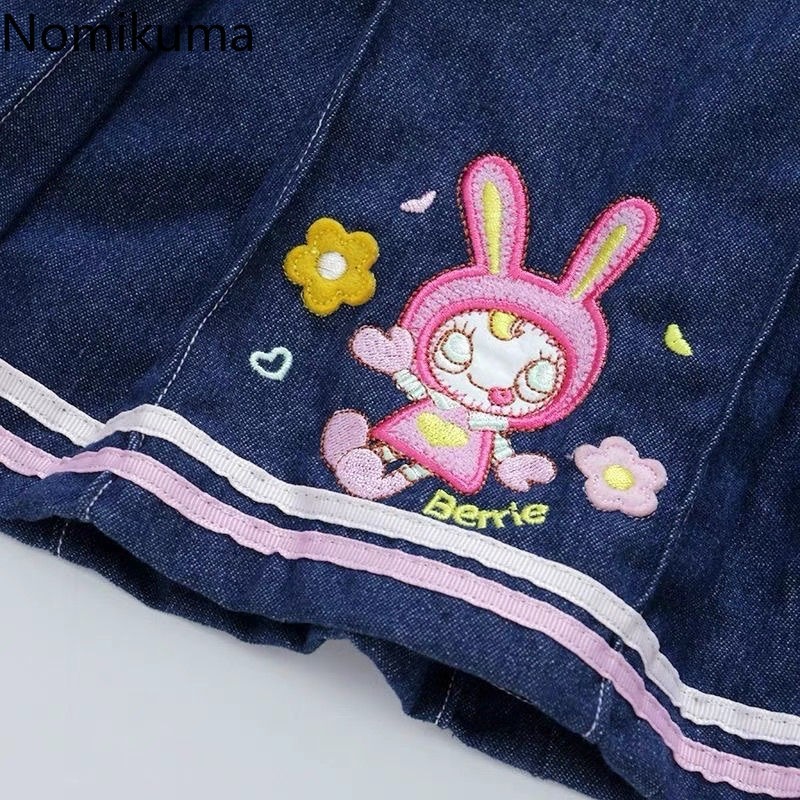 Denim Mini jupes 2025 Faldas Mujer De Moda mignon a-ligne douce Jupe été Chic Saia dessin animé broderie plissée Y2k Jupe femmes