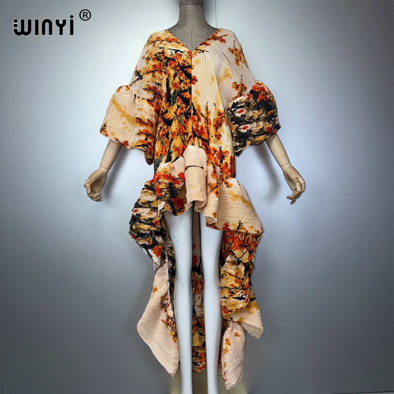 WINYI Robe plissée élastique et ajustée de style bohème pour femmes musulmanes, Kaftan Abaya, tenue de plage, longue robe de soirée de luxe de Dubaï