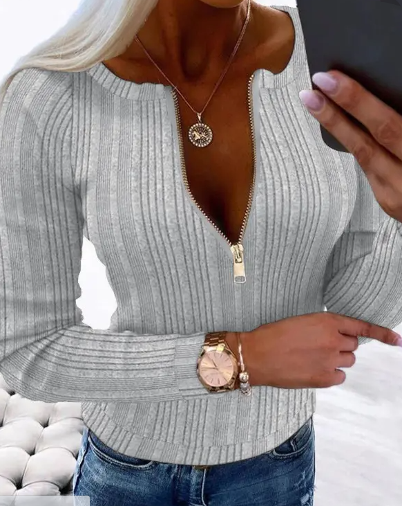 Chemisier à manches longues zippé pour femme – Hauts chics avec fermeture éclair sur le devant, hauts élégants semi-transparents pour tenues formelles décontractées, lavage en machine facile à entretenir