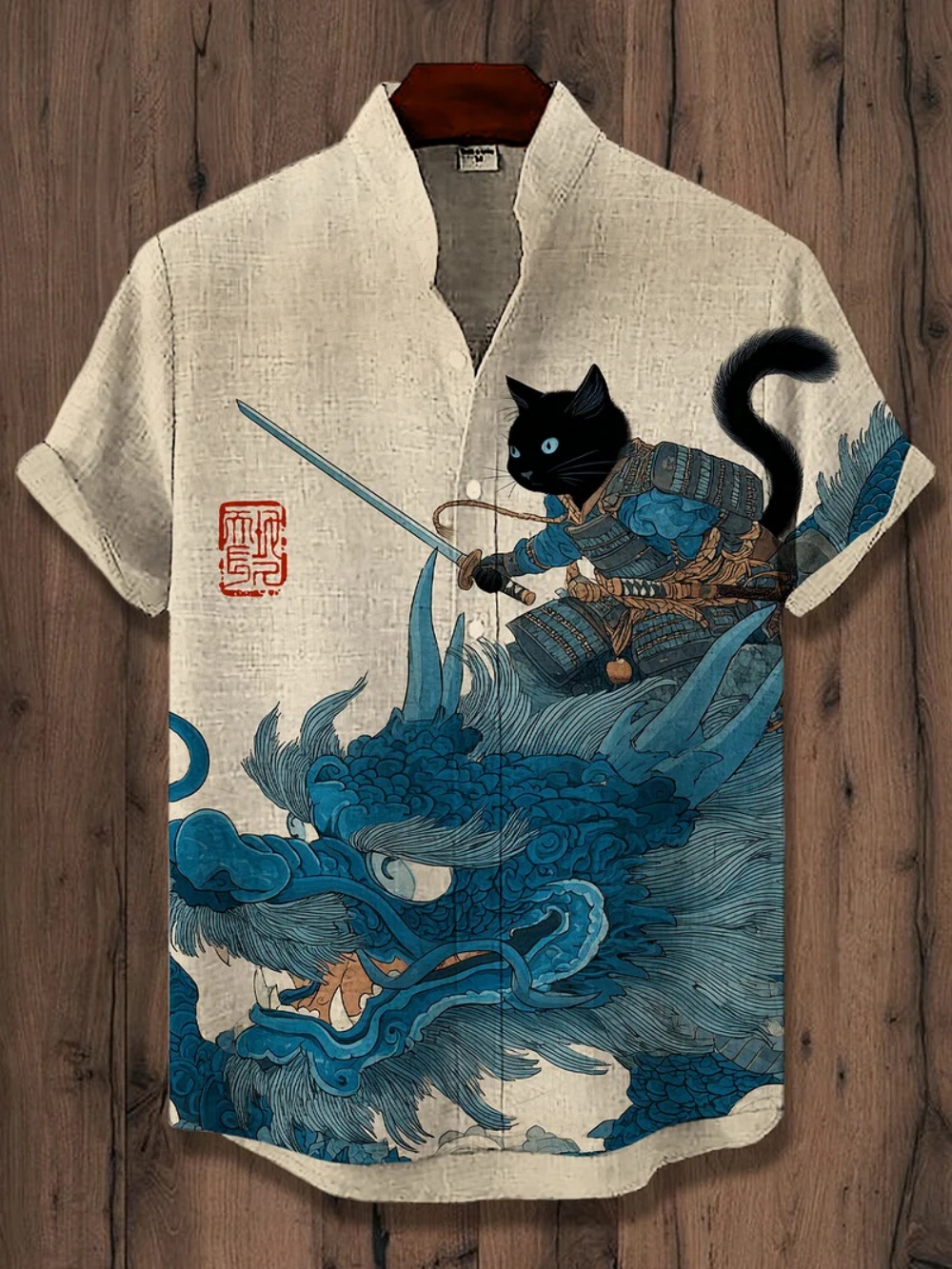Chemise en lin imprimé chat Kimono de Style japonais pour hommes, col montant à la mode, manches courtes, expédition rapide, été