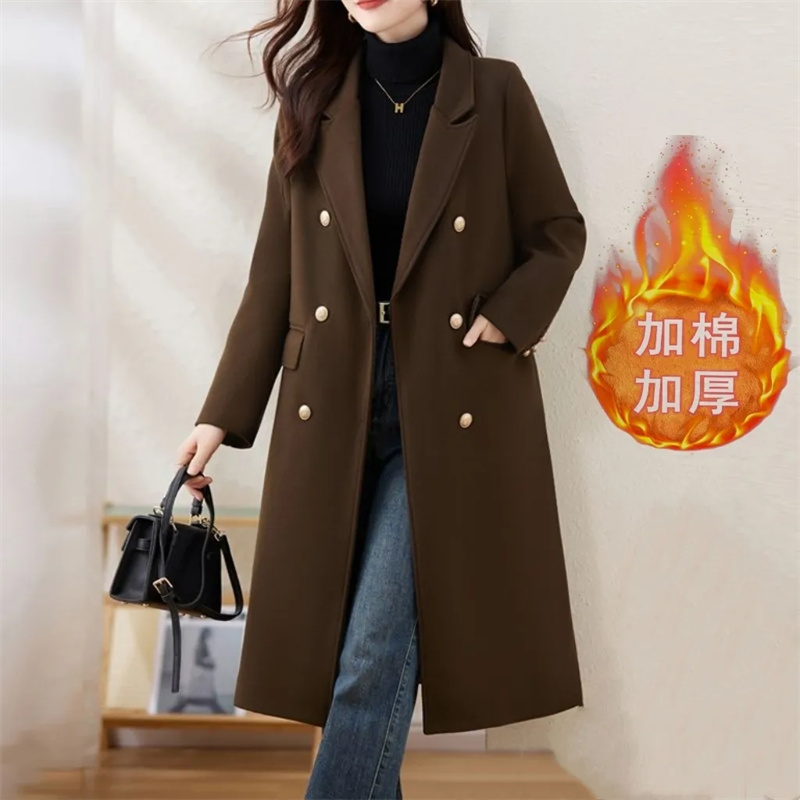 Manteau en laine rouge 2026 Automne Hiver Nouvelle Mode Élégant avec doublure en coton Manteaux en laine épais Femme Coupe ajustée Décontracté Chaud Long Manteau