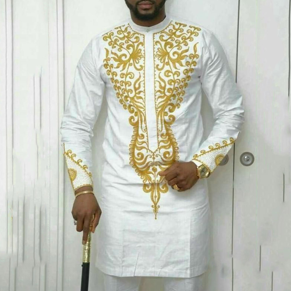 Chemise brodée africaine pour hommes, tenues africaines, manches longues, col rond, haut et pantalon, 2 pièces, fête ethnique traditionnelle, mariage trempé