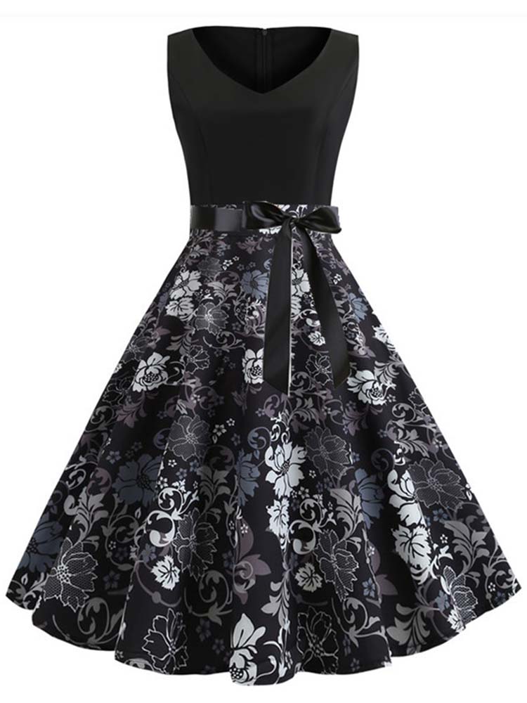 Robes vintage pour femmes, imprimé floral, robe de soirée noire élégante, robe rétro sans manches, sexy, grande taille, robe d'été
