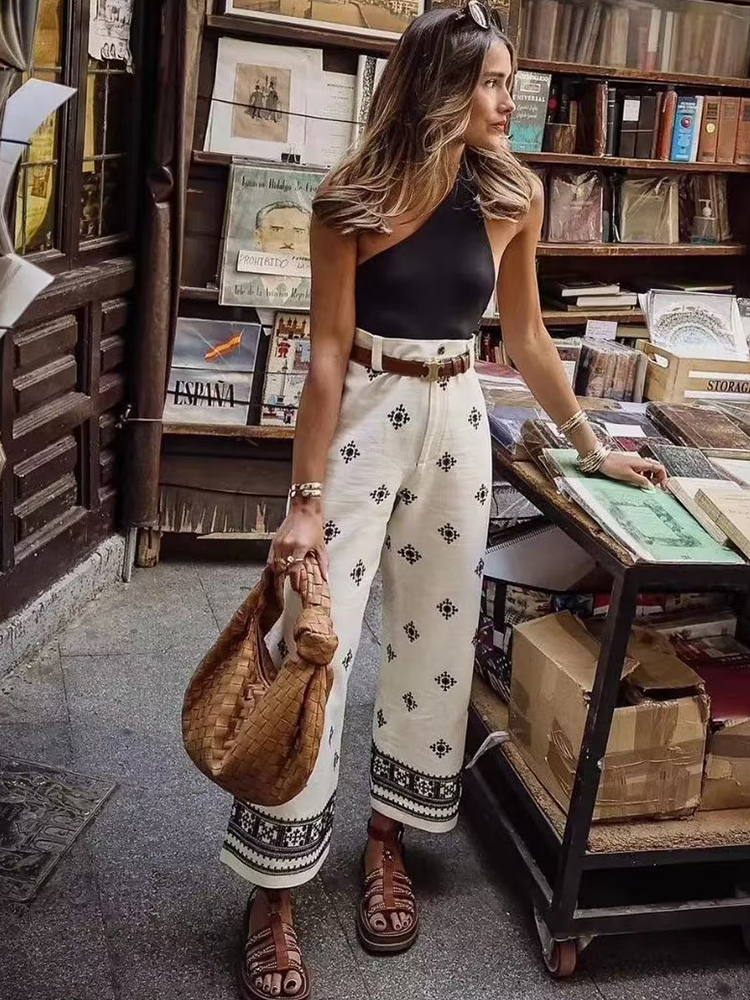 Pantalon Vintage en lin pour femmes, ample, style Boho, mode dames, Vocation, broderie douce, bas décontracté, Chic, été, 2023