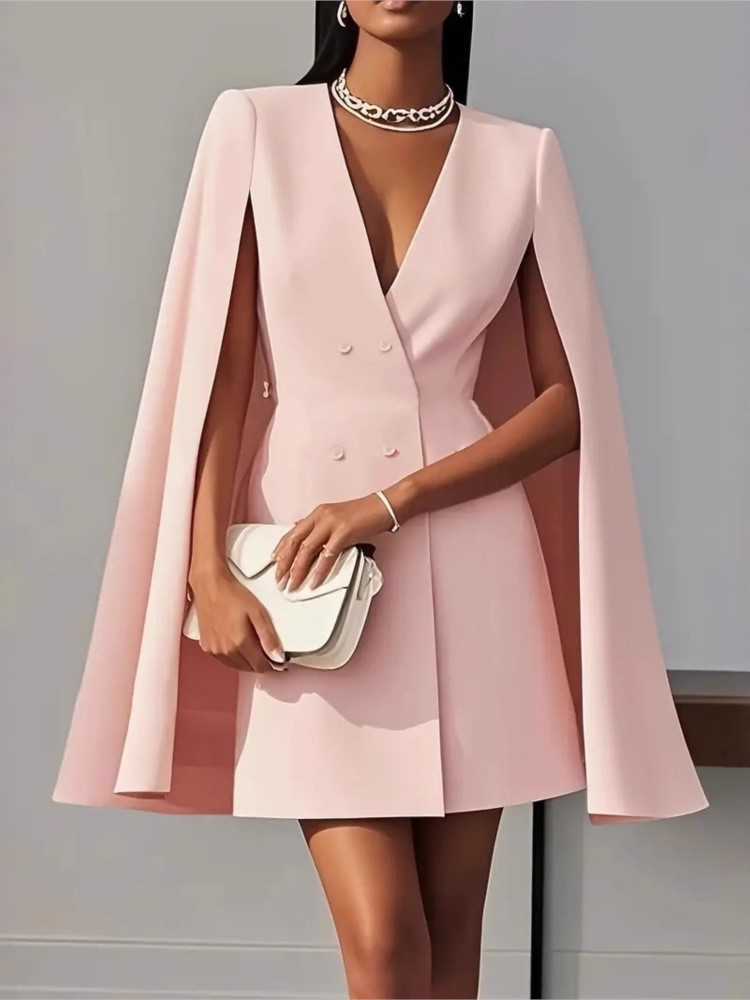 Robe de costume élégante à Double boutonnage pour femmes, Cape châle, couleur unie, mode automne, noir, décolleté en V profond, Mini robes