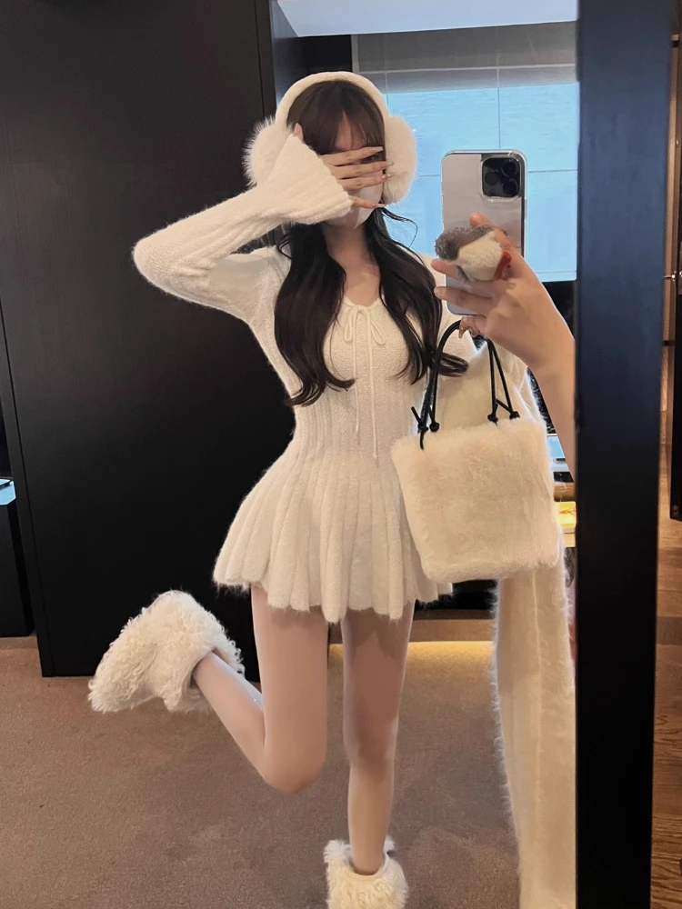 Robe pull tricotée pour femmes, décontractée, manches longues, élégante, française, Mini robe Y2k, même fête, mode coréenne, ensembles de robes de printemps