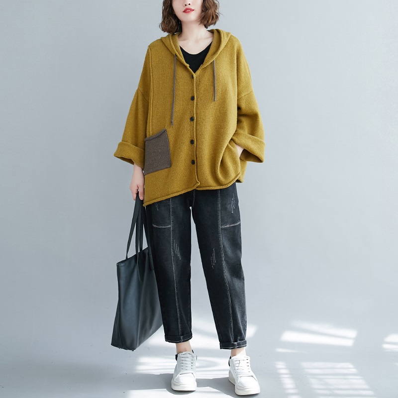 Cardigan ample à capuche en coton tricoté style vintage pour femme, collection automne 2026