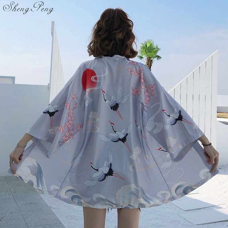 Kimono Yukata japonais, Top d'été 2020, grue à couronne rouge Haori, Kimono japonais Harajuku Boho Yukata pour femmes V1866