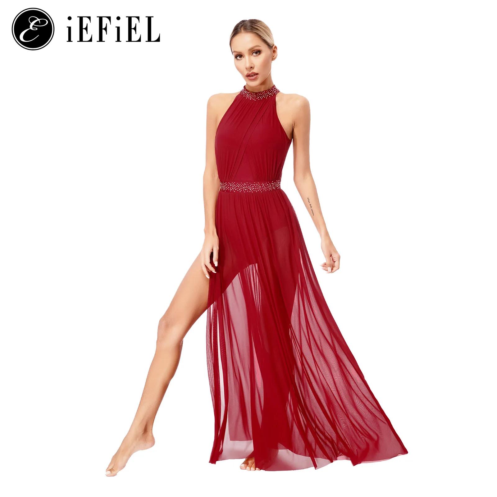 Justaucorps licou en biscuits brillants pour femmes, costume de scène lyrique, robe en tulle transparent, robe maxi fluide, vêtements de danse de salon, fendu