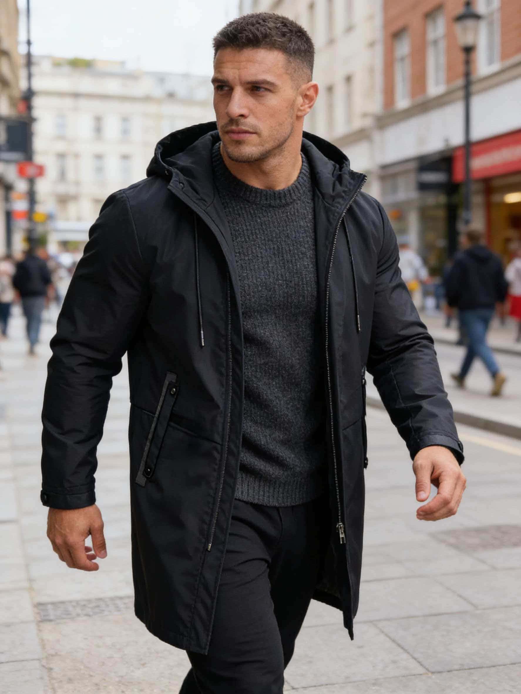 Parka longue à capuche pour homme noir, coupe-vent mi-longue décontractée urbaine avec capuche ajustable et poches zippées