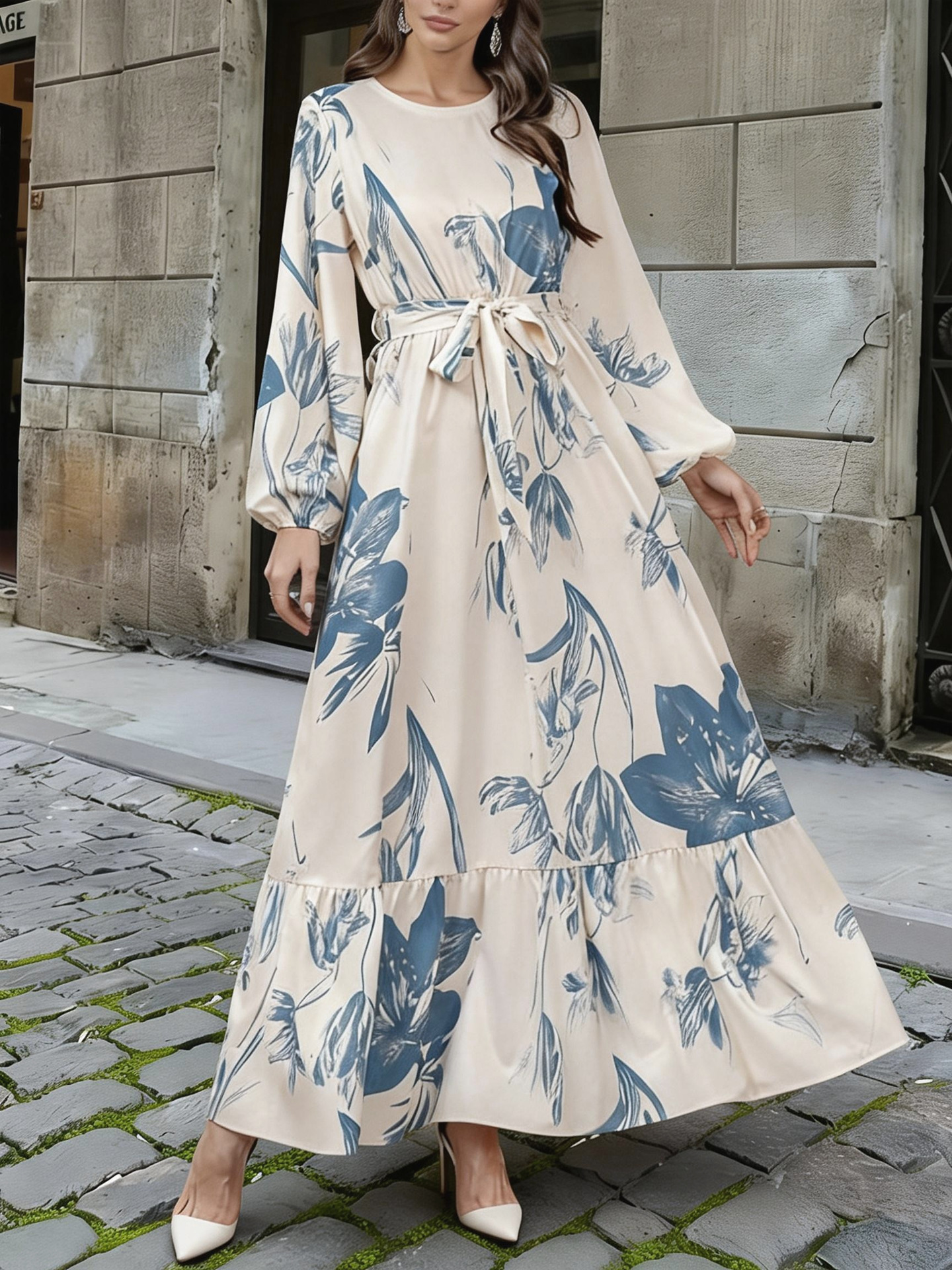 Nouvelle robe élégante de style occidental à imprimé floral, taille élastique, ourlet à volants