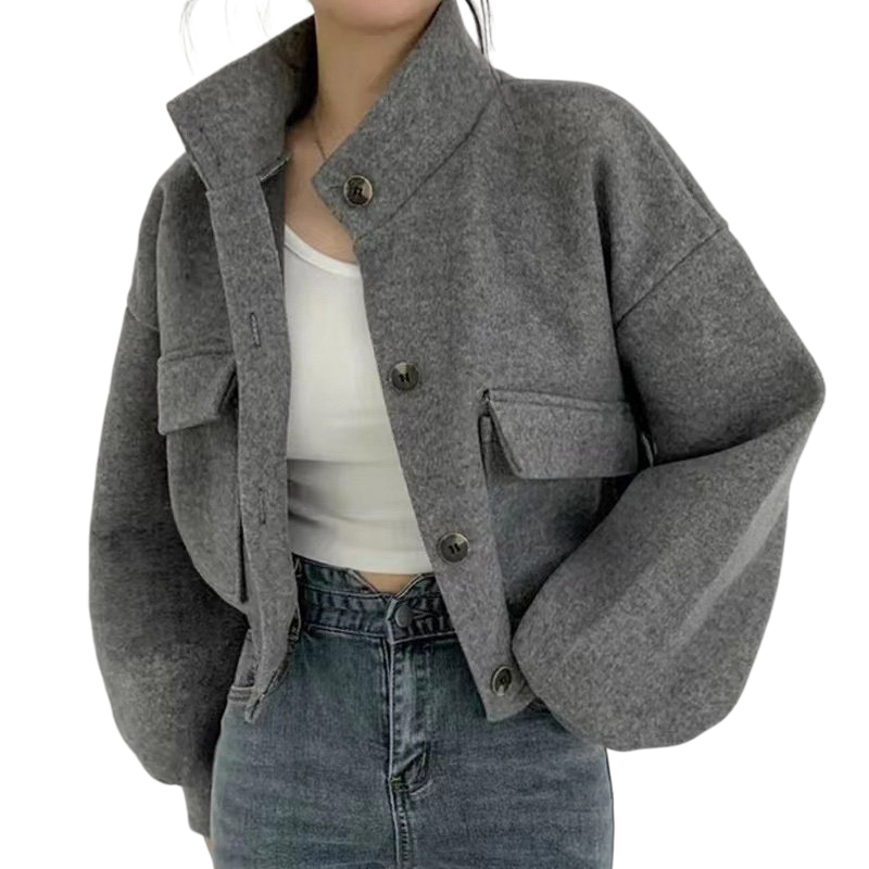 Manteau court en laine coréen pour femme, col montant, simple boutonnage, coupe ample, décontracté, minimaliste, veste élégante