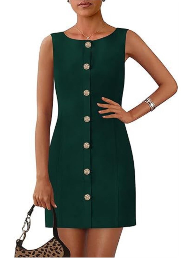 Robe de bureau élégante pour femmes, couleur unie, col rond, sans manches, boutons, Mini robes décontractées, vêtements d'été pour femmes, nouvelle collection
