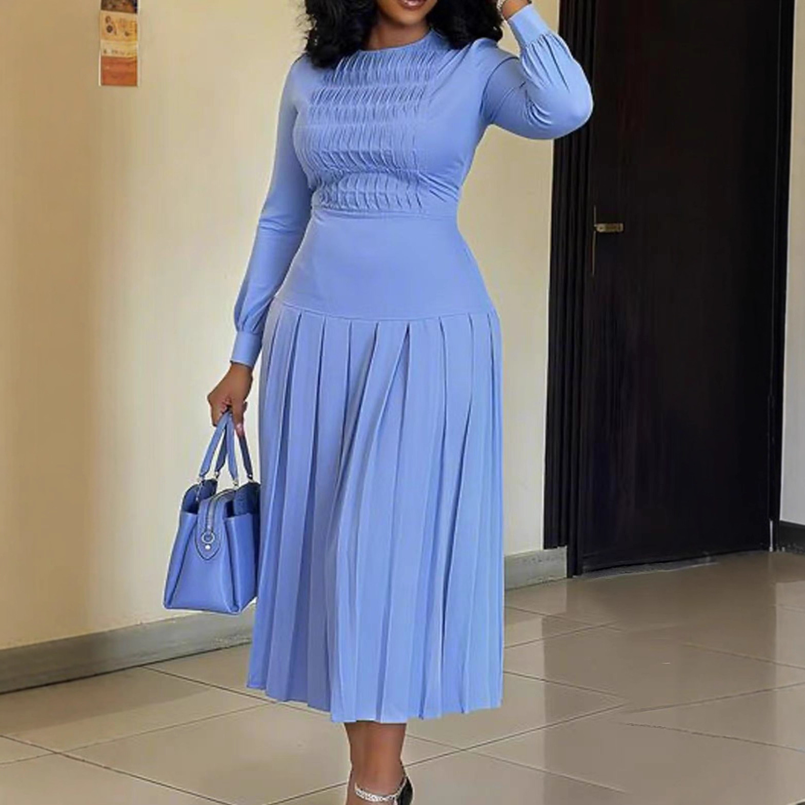 Robe longue plissée unie à manches longues et taille haute, coupe ajustée, nouvelle collection été 2025 pour femme