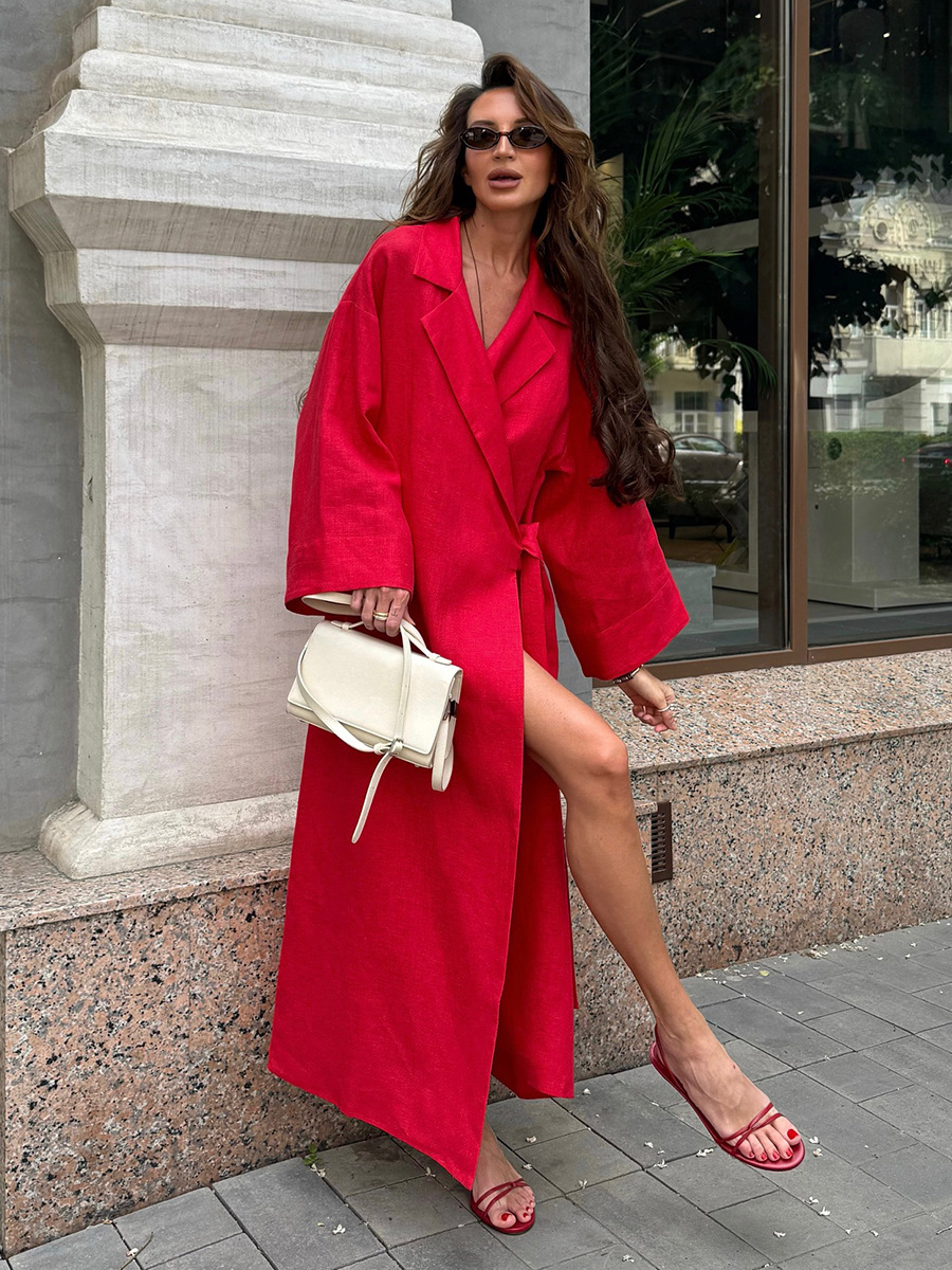 Robe en coton et lin pour femmes, nouveau Style, paresseux et décontracté, ample, revers et jupe longue à lacets, automne et hiver