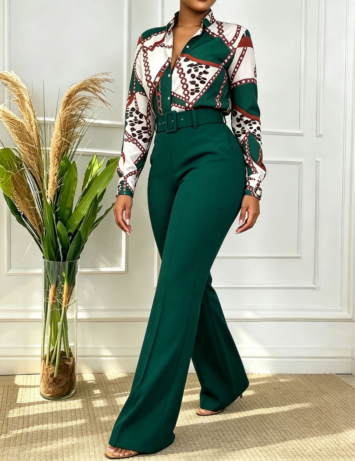 Ensemble élégant pour femmes automne 2026, comprenant un haut à manches longues à col montant imprimé et un pantalon droit, ensemble décontracté deux pièces.