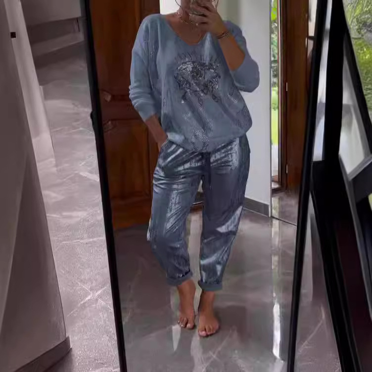 Ensemble pantalon 2 pièces, col en v, manches longues, pull à paillettes, haut à lacets, pantalon droit, costume, nouveaux vêtements pour femmes