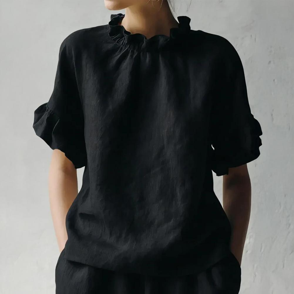 Chemisier pour femme couleur unie ample d'été à col rond et manches courtes avec design à volants, pull-over pour usage quotidien