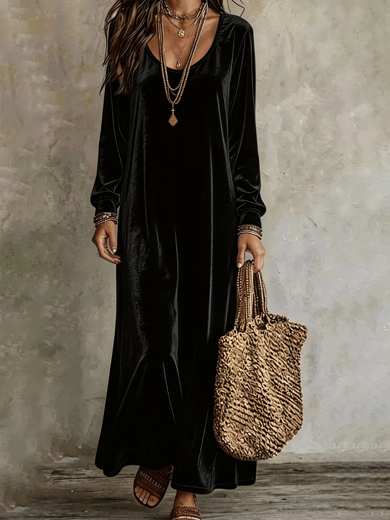 Robe en velours pour femmes, élégante robe maxi à manches longues.