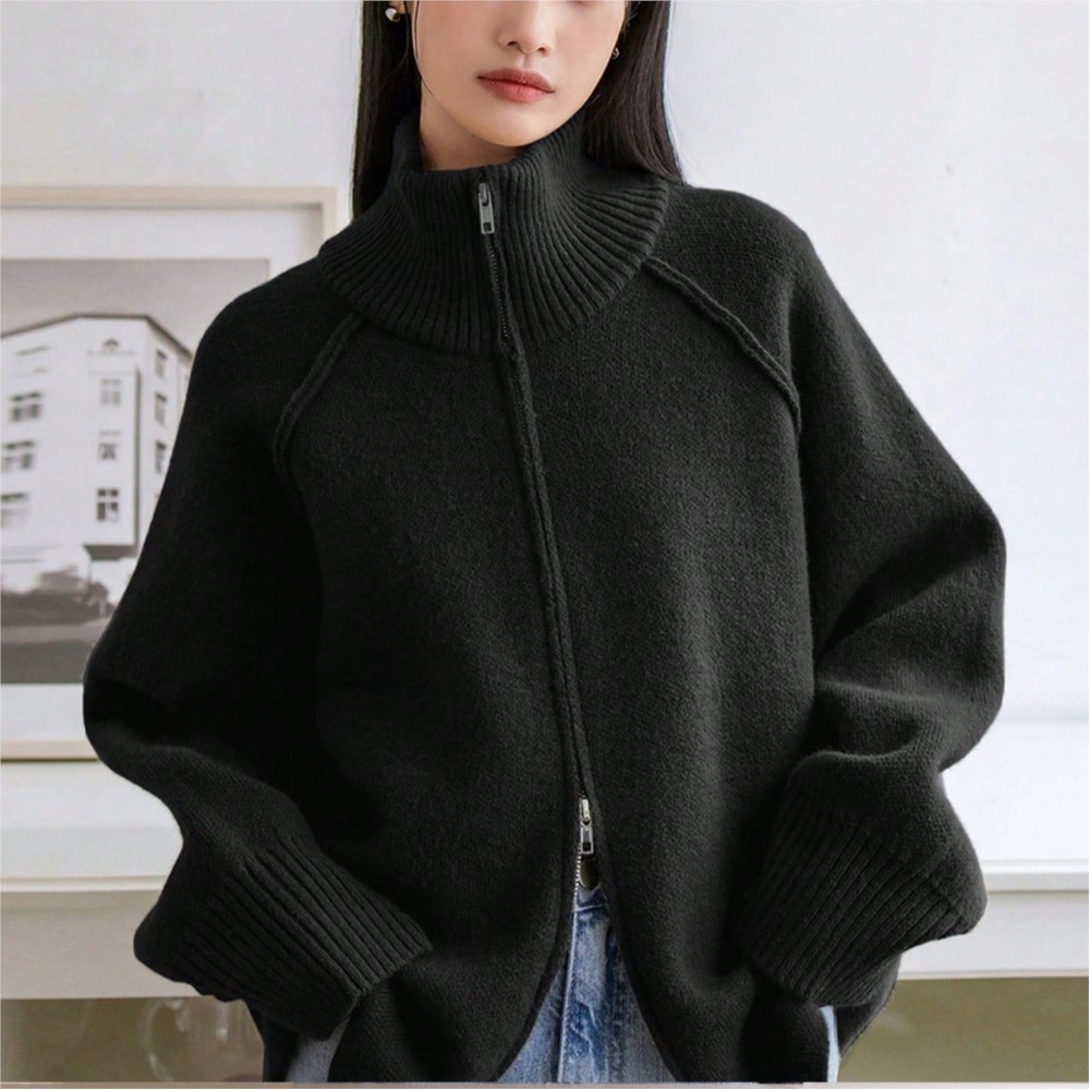 Veste pull pour femme, couleur unie, col montant, fermeture éclair, cardigan tricoté, style ample et simple, polyvalent et élégant