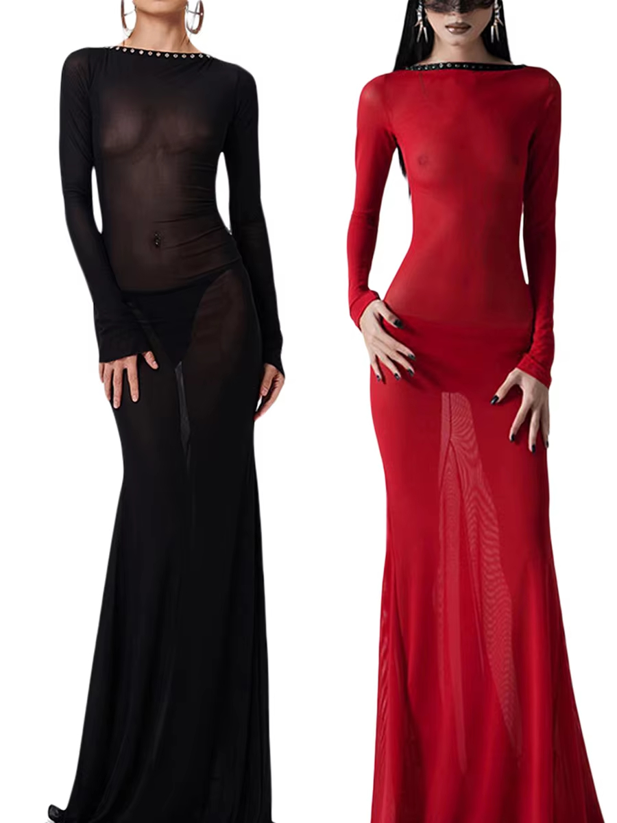 Robe noire en dentelle transparente à manches longues pour femmes, robe de soirée Sexy, longueur au sol, Slim, robes de soirée, de boîte de nuit, robe de noël rouge