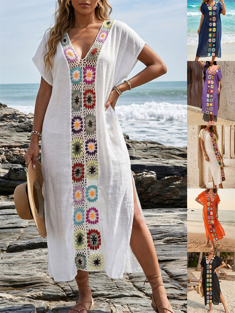 Robe de plage en crochet style bohème, kaftan long à fente, col en V, manches courtes, grande taille, pour vacances, plage, piscine, vente en gros