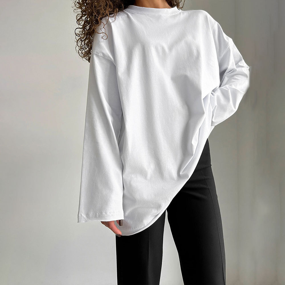 T-shirt classique en coton à manches longues et col rond pour femme, décontracté, polyvalent, solide, surdimensionné, astronomique, document, printemps, automne