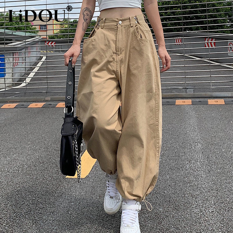 Pantalon cargo monochrome pour femme, bloomers à poches assorties, streetwear décontracté, vêtements de printemps et d'automne, mode féminine