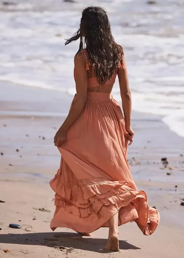 Canwedance été robe de plage sans manches coton Maxi robes Style Boho couleur unie dentelle à volants robe d'été Mujer robes