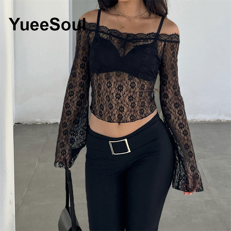 T-shirt Noir en Dentelle à Manches Longues pour Femme, Pull Sexy et Ajusté, Nouveauté Été 2026, Style Gothique Harajuku Y2K, Idéal pour Fêtes et Clubs