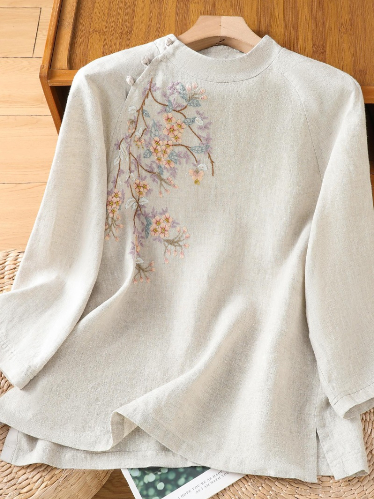 Chemisiers pour femmes de Style chinois chemise brodée coréenne mode ample printemps/été vêtements en coton et lin trois quarts haut pour femme