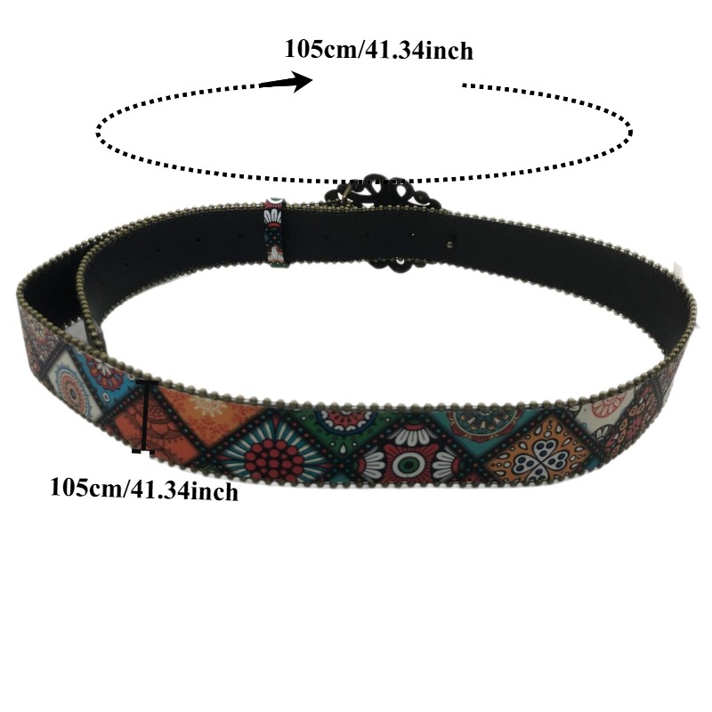 Ceinture à boucle turquoise perlée imprimée de style bohème européen et américain – Ceinture de taille pour femme tendance, polyvalente et à la mode