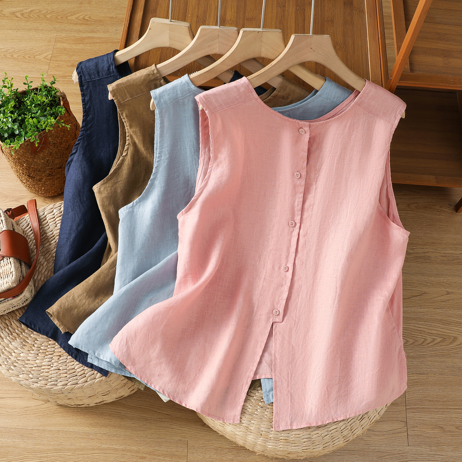 Gilet d'été en coton et lin pour femmes, deux côtés, veste boutonnée sans manches, couverture, rose, bleu, bleu marine, débardeur, Cardigan
