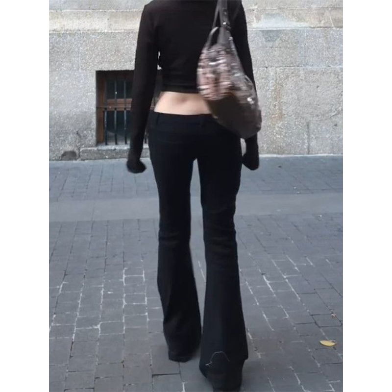 Jean évasé noir taille basse pour femme, style Gyaru, rétro américain, cyberpunk coréen, coupe trompette, Y2K, skinny, patte d'éléphant, nouveauté