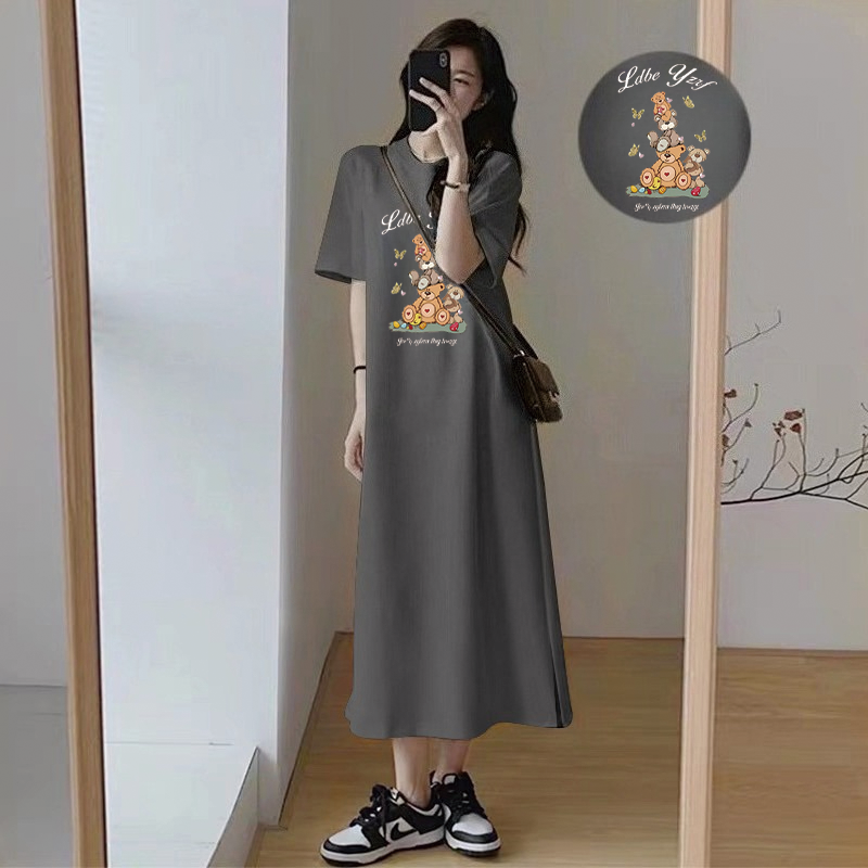 Robe longue décontractée pour femmes coréennes, imprimé ours mignon, manches courtes, col rond, robe maxi d'été