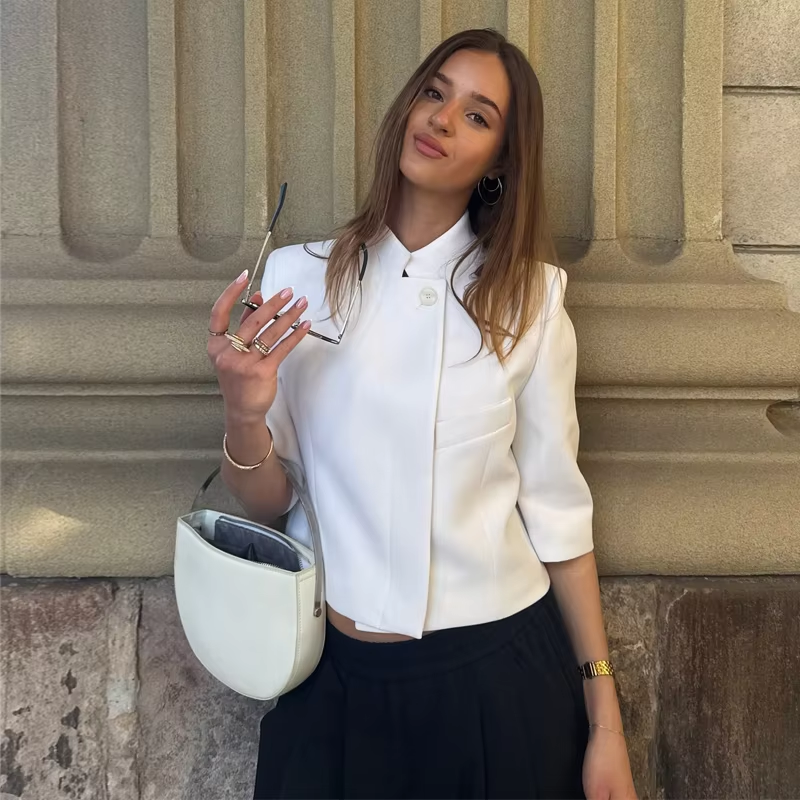 Blazer court à manches courtes pour femme, élégant, col montant, nouvelle tendance, style décontracté urbain