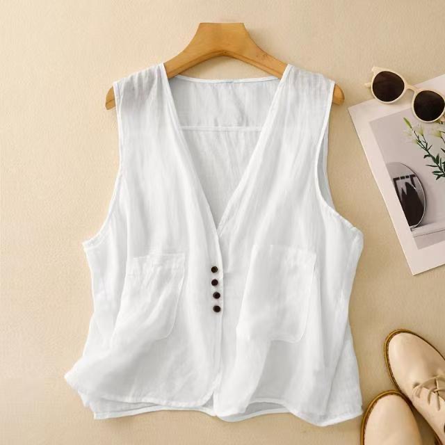 Gilet d'été en coton et lin pour femmes, veste basique sans manches, couleur unie, noir et blanc, manteau élégant, col en v, couverture, haut
