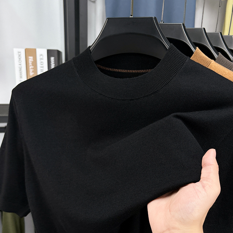 Soie laine hommes Tops basiques Sprig automne décontracté col montant mince tricot t-shirt à manches courtes tricots pull laine chemises minces