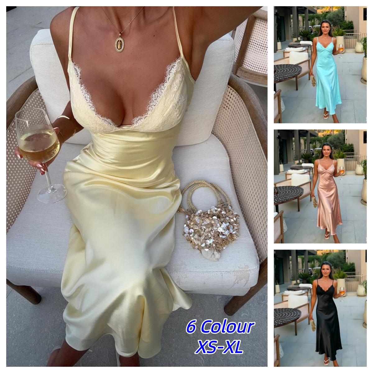 Robe Midi Femme en Satin Jaune Beurre avec Dentelle et Patchwork, Col en V, Dos Nu, Bretelles, Nouvelle Collection 2026, pour Soirées et Dîners