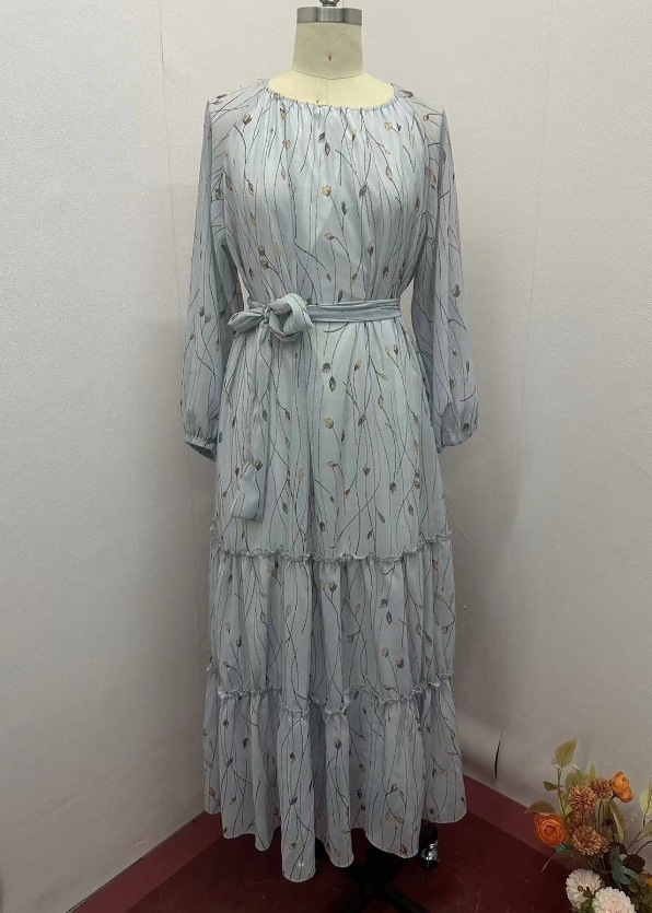 Robe longue à manches longues bouffantes pour femmes, robe trapèze décontractée, col rond, maxi à lacets, taille serrée, imprimé floral, épissure élégante, robe éducative