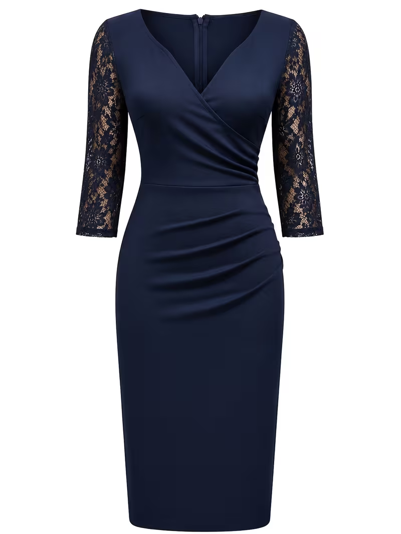Robe crayon midi élégante pour femme, bleu marine, col en V, dentelle, manches 3/4, taille froncée, amincissante, pour cocktail et soirée